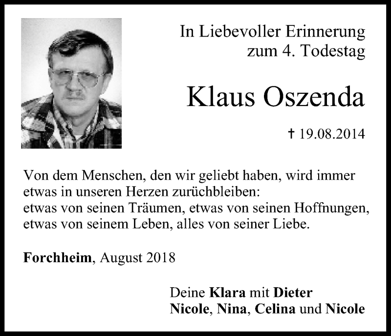  Traueranzeige für Klaus Oszenda vom 18.08.2018 aus MGO
