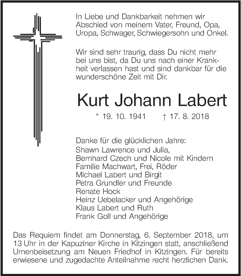  Traueranzeige für Kurt Johann Labert vom 25.08.2018 aus MGO