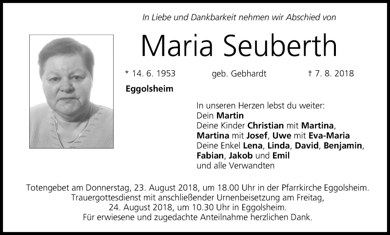  Traueranzeige für Maria Seuberth vom 18.08.2018 aus MGO