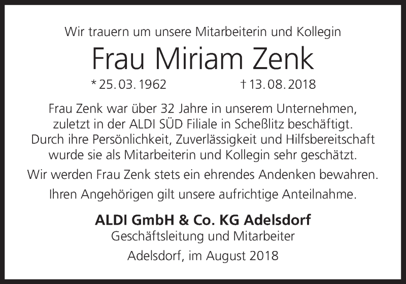  Traueranzeige für Miriam Zenk vom 18.08.2018 aus MGO