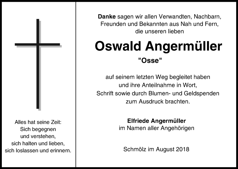  Traueranzeige für Oswald Angermüller vom 11.08.2018 aus MGO