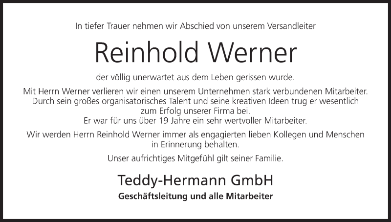  Traueranzeige für Reinhold Werner vom 01.09.2018 aus MGO