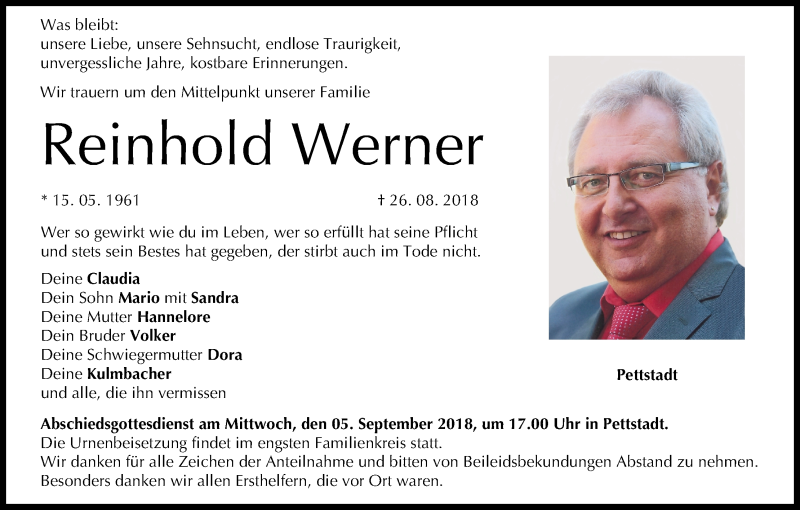  Traueranzeige für Reinhold Werner vom 01.09.2018 aus MGO
