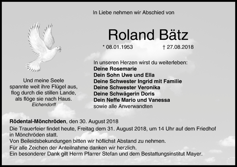  Traueranzeige für Roland Bätz vom 31.08.2018 aus MGO
