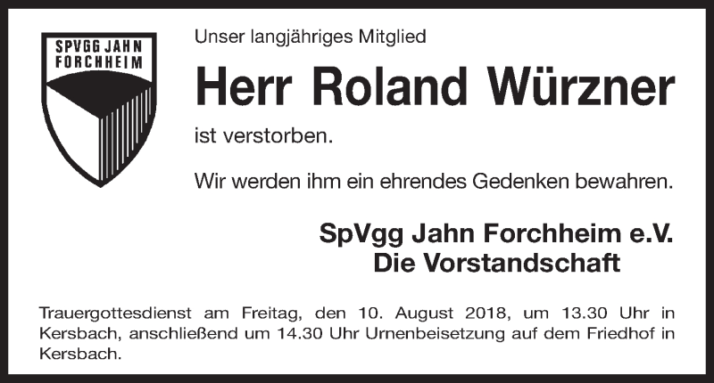  Traueranzeige für Roland Würzner vom 06.08.2018 aus MGO