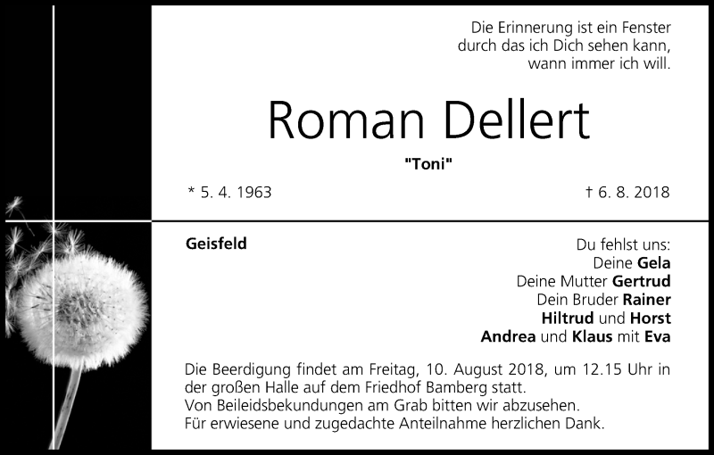 Traueranzeige für Roman Dellert vom 08.08.2018 aus MGO