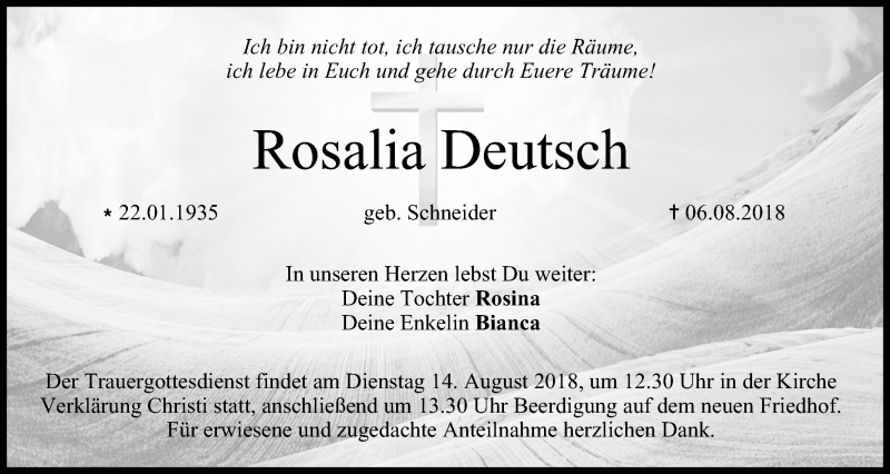  Traueranzeige für Rosalia Deutsch vom 11.08.2018 aus MGO
