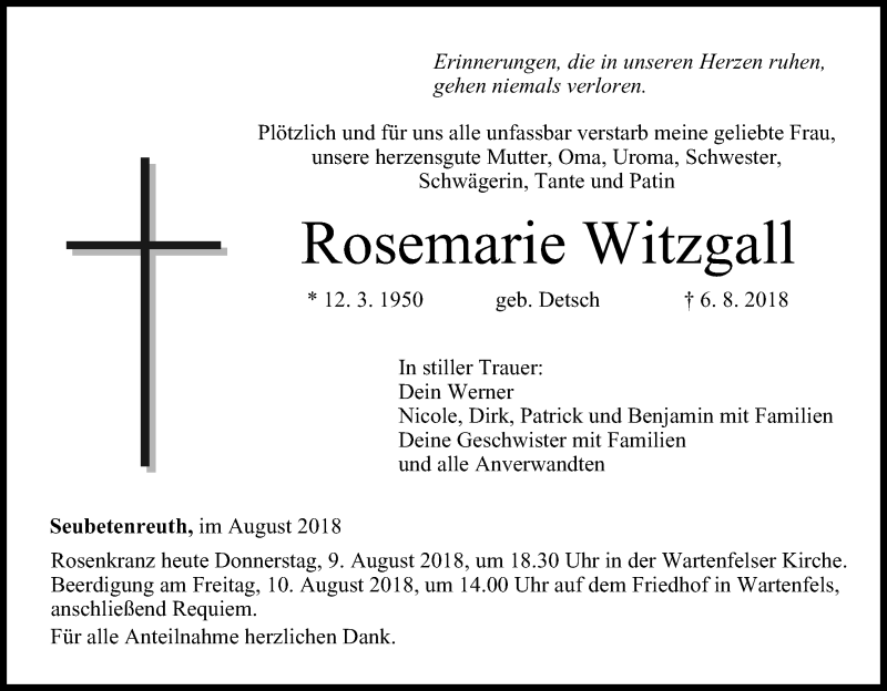  Traueranzeige für Rosemarie Witzgall vom 09.08.2018 aus MGO