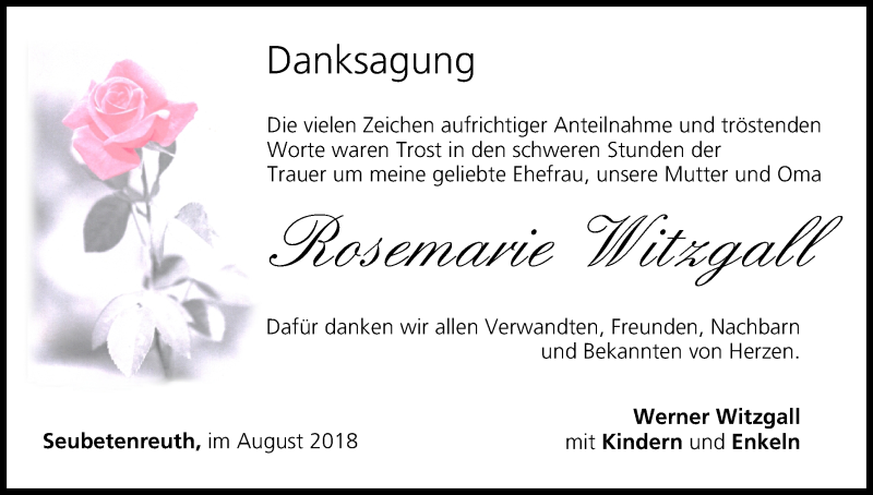  Traueranzeige für Rosemarie Witzgall vom 16.08.2018 aus MGO