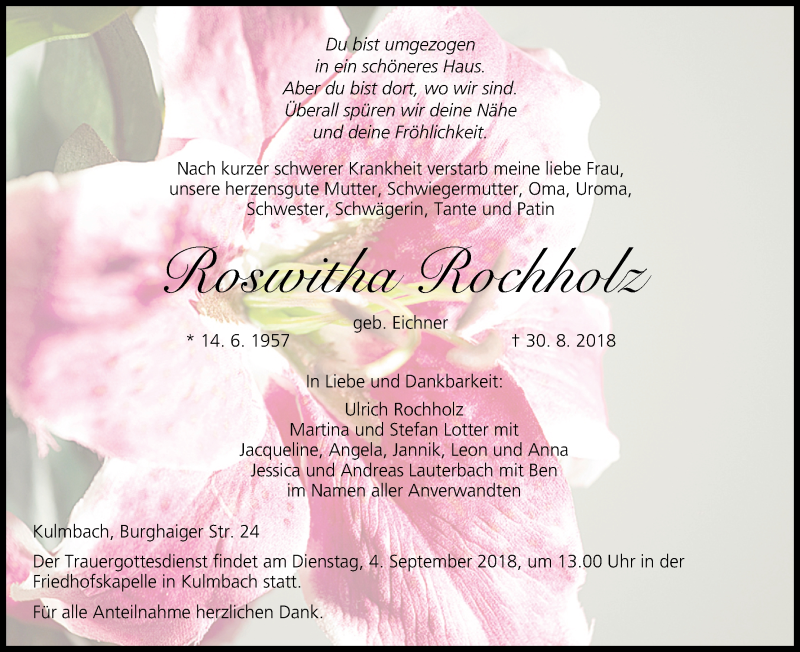  Traueranzeige für Roswitha Rochholz vom 01.09.2018 aus MGO