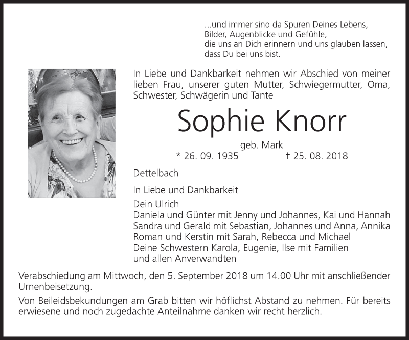  Traueranzeige für Sophie Knorr vom 01.09.2018 aus MGO