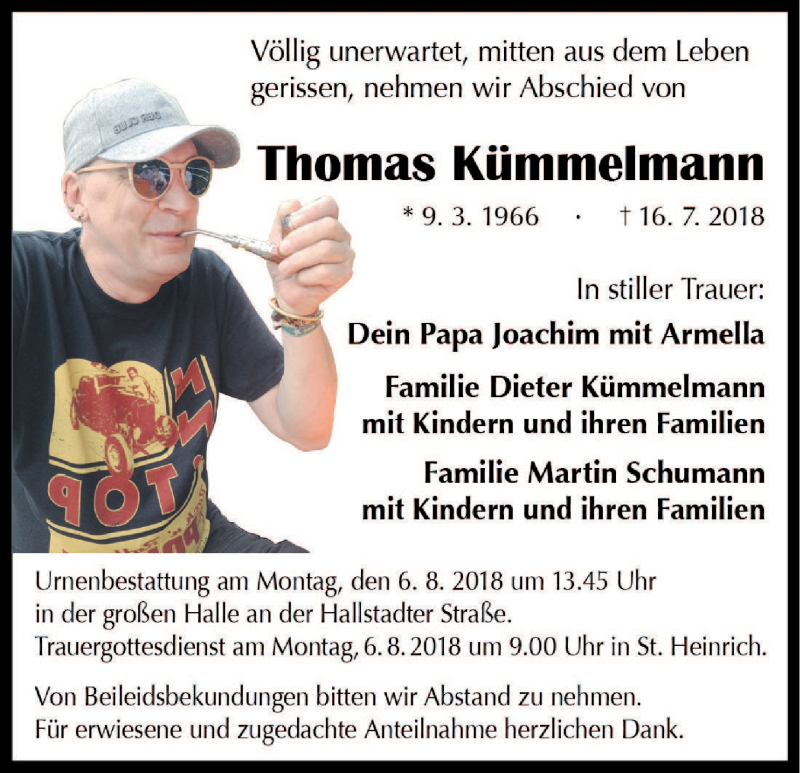  Traueranzeige für Thomas Kümmelmann vom 04.08.2018 aus MGO