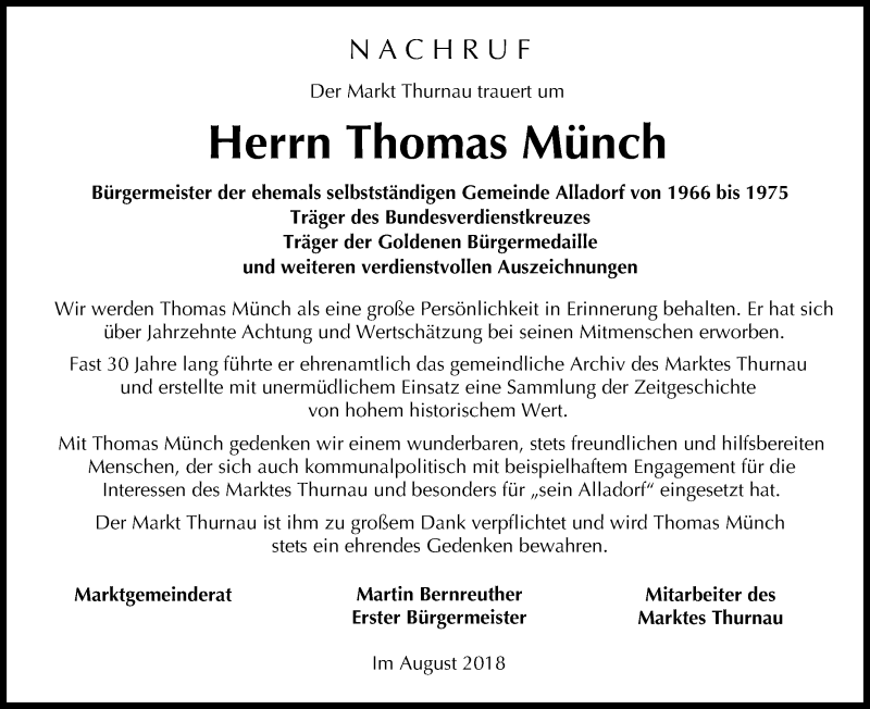  Traueranzeige für Thomas Münch vom 11.08.2018 aus MGO