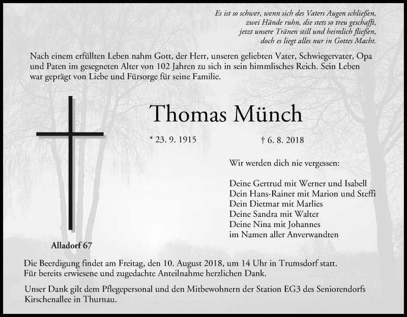 Traueranzeige für Thomas Münch vom 09.08.2018 aus MGO