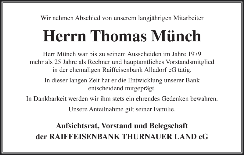  Traueranzeige für Thomas Münch vom 10.08.2018 aus MGO
