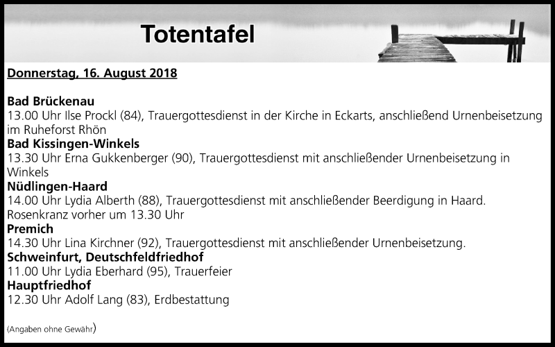  Traueranzeige für Totentafel vom 16.08.2018 vom 16.08.2018 aus MGO