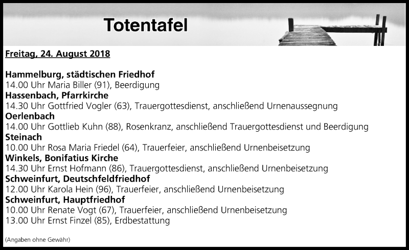 Traueranzeige für Totentafel vom 24.08.2018 vom 24.08.2018 aus MGO