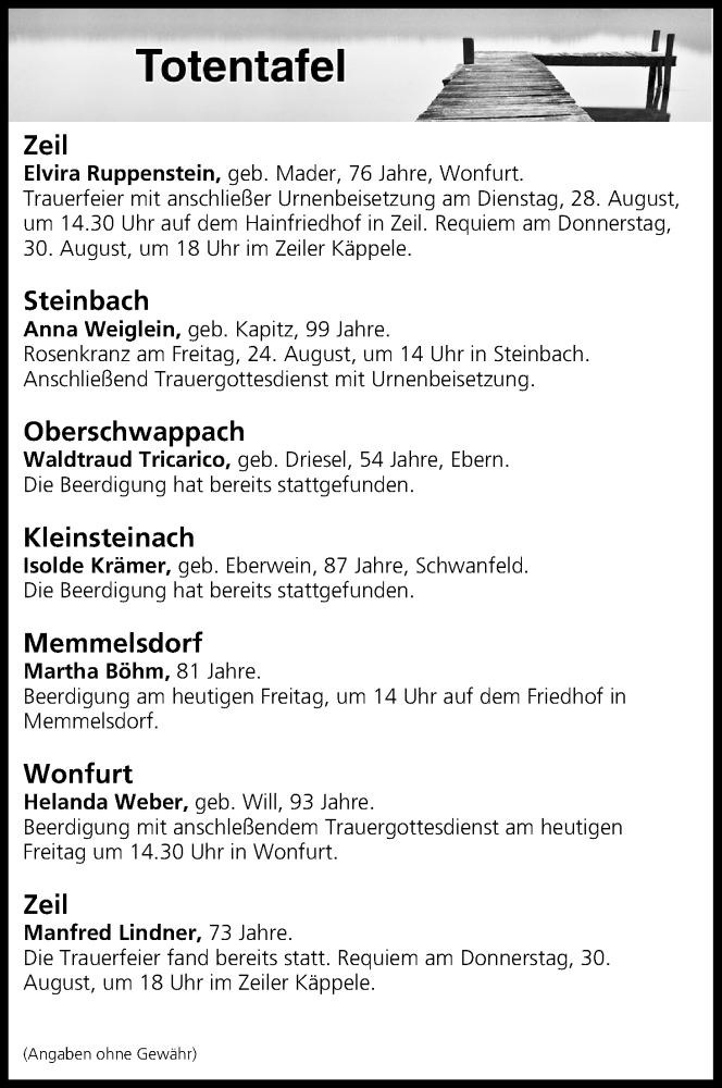  Traueranzeige für Totentafel vom 24.08.2018 vom 24.08.2018 aus MGO