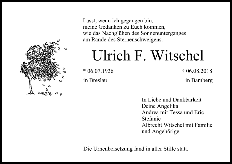  Traueranzeige für Ulrich F. Witschel vom 22.08.2018 aus MGO