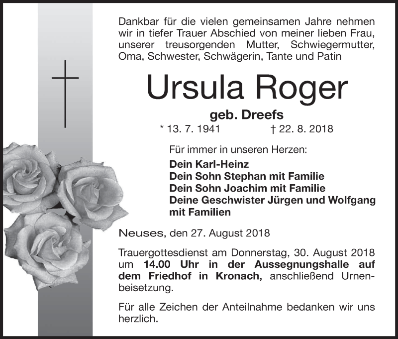  Traueranzeige für Ursula Roger vom 27.08.2018 aus MGO