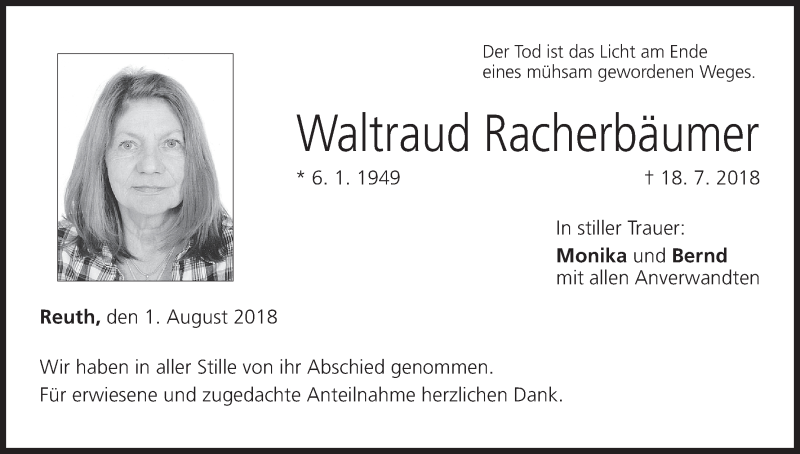  Traueranzeige für Waltraud Racherbäumer vom 01.08.2018 aus MGO