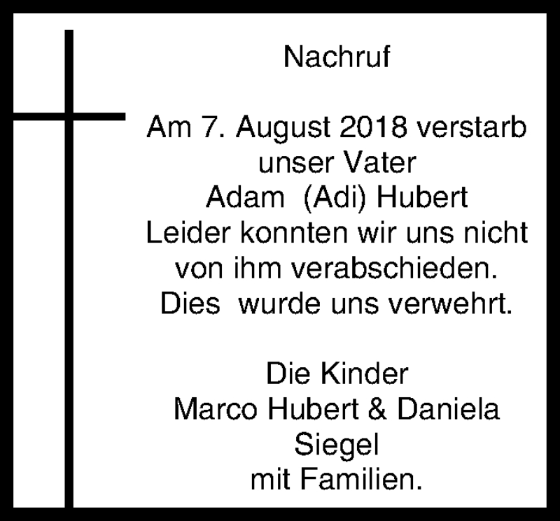  Traueranzeige für Adam Hubert vom 15.09.2018 aus MGO