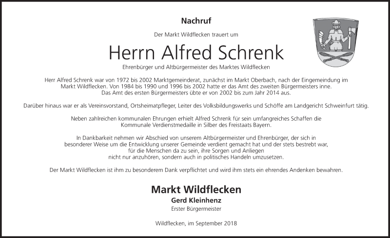  Traueranzeige für Alfred Schrenk (Foto: Archiv/Ulrike Müller) vom 12.09.2018 aus MGO