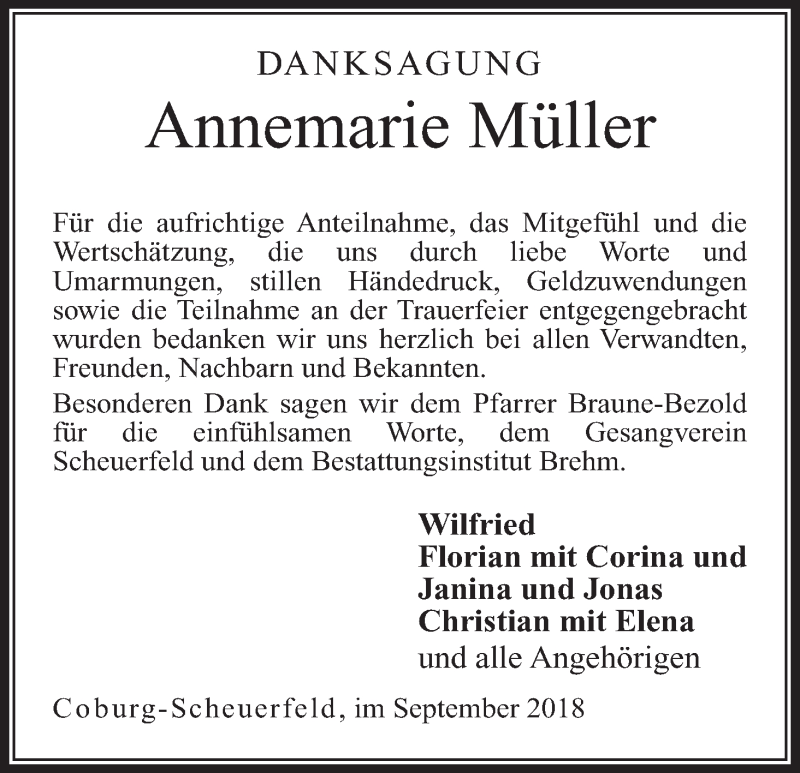  Traueranzeige für Annemarie Müller vom 08.09.2018 aus MGO