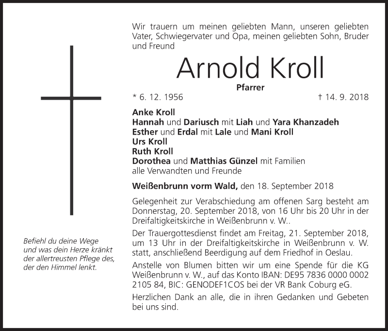  Traueranzeige für Arnold Kroll vom 18.09.2018 aus MGO