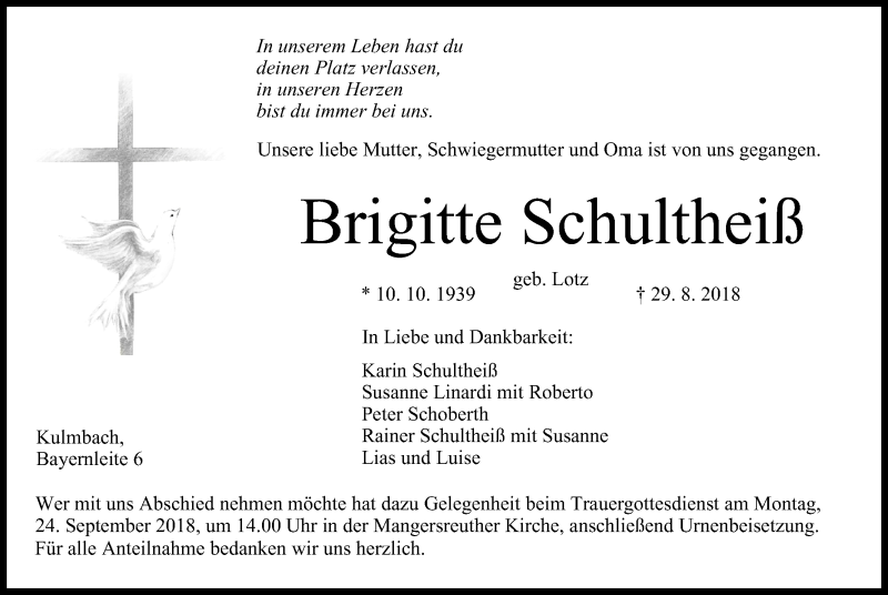  Traueranzeige für Brigitte Schultheiß vom 15.09.2018 aus MGO