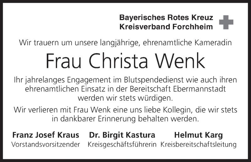  Traueranzeige für Christa Wenk vom 04.09.2018 aus MGO