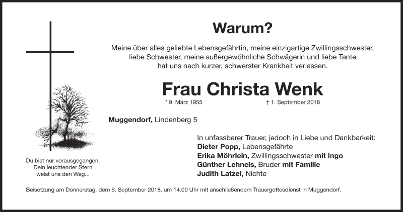  Traueranzeige für Christa Wenk vom 04.09.2018 aus MGO