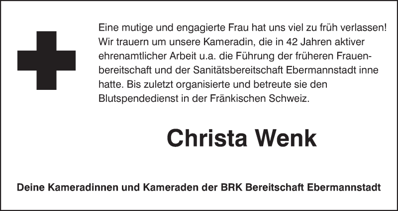  Traueranzeige für Christa Wenk vom 04.09.2018 aus MGO