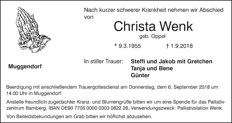  Traueranzeige für Christa Wenk vom 04.09.2018 aus MGO