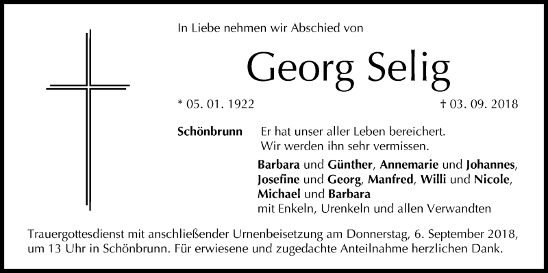  Traueranzeige für Georg Selig vom 05.09.2018 aus MGO
