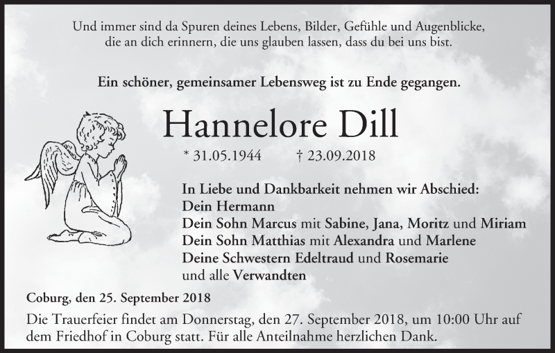  Traueranzeige für Hannelore Dill vom 25.09.2018 aus MGO