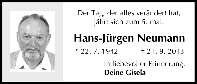  Traueranzeige für Hans-Jürgen Neumann vom 21.09.2018 aus MGO