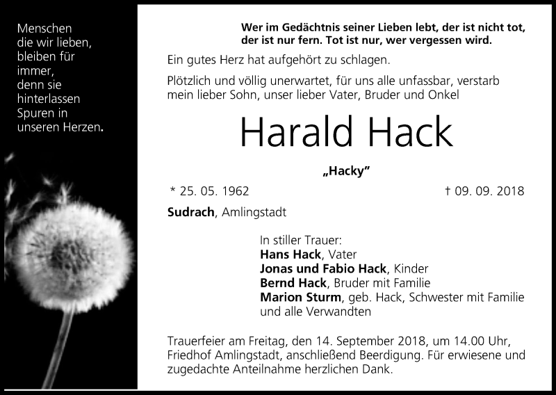  Traueranzeige für Harald Hack vom 12.09.2018 aus MGO