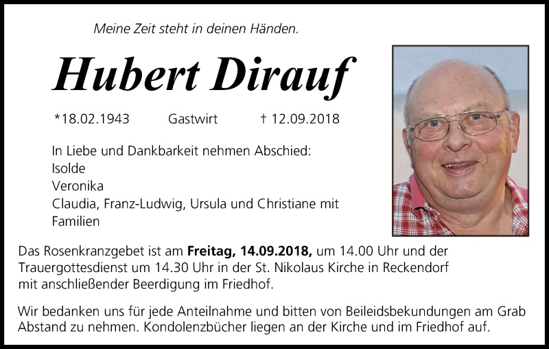  Traueranzeige für Hubert Dirauf vom 13.09.2018 aus MGO