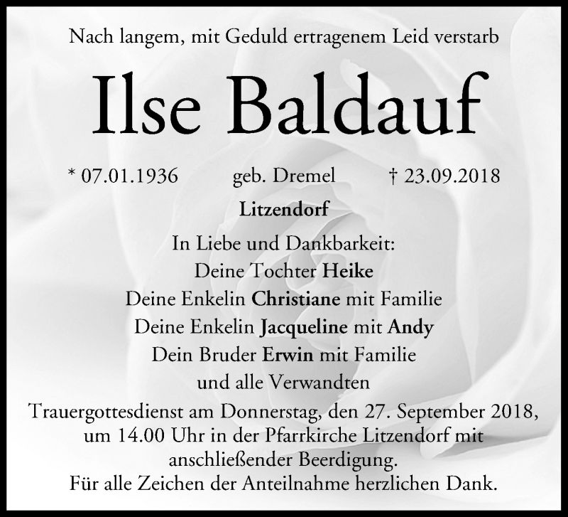  Traueranzeige für Ilse Baldauf vom 25.09.2018 aus MGO