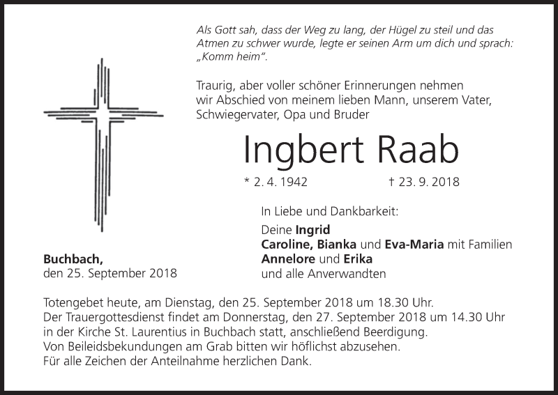  Traueranzeige für Ingbert Raab vom 25.09.2018 aus MGO
