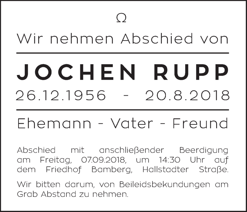  Traueranzeige für Jochen Rupp vom 05.09.2018 aus MGO