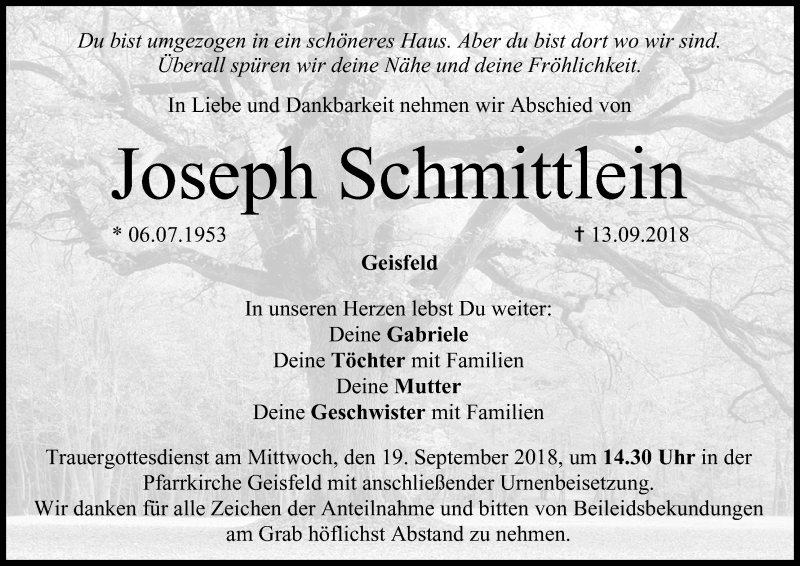  Traueranzeige für Joseph Schmittlein vom 15.09.2018 aus MGO