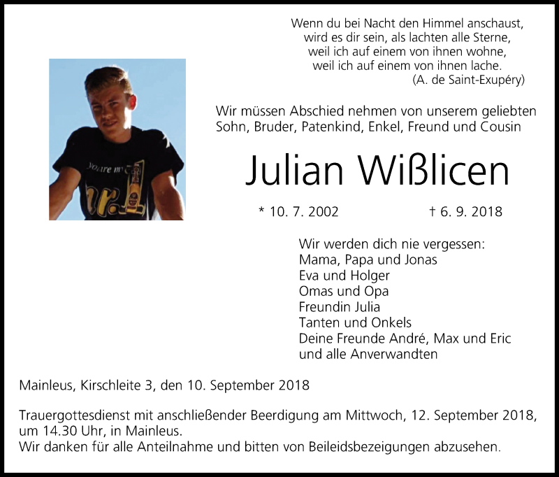  Traueranzeige für Julian Wißlicen vom 10.09.2018 aus MGO