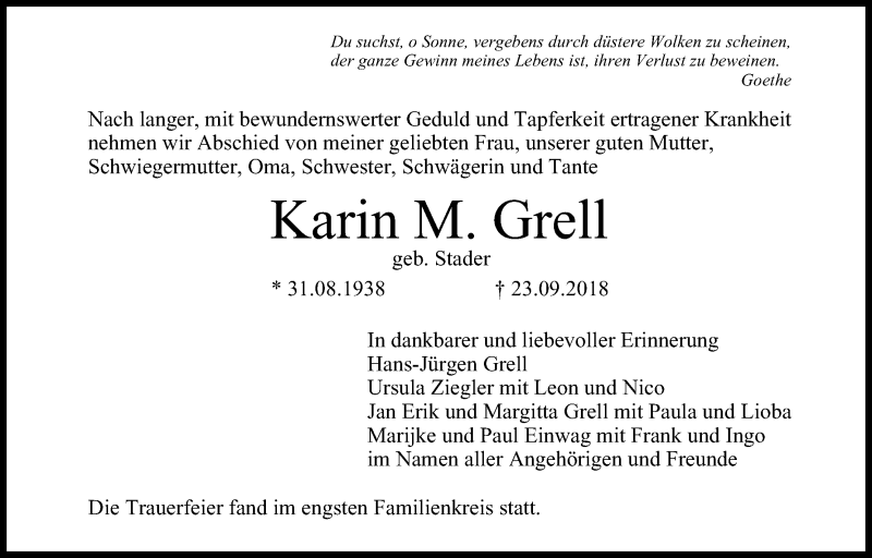  Traueranzeige für Kann M. Grell vom 29.09.2018 aus MGO