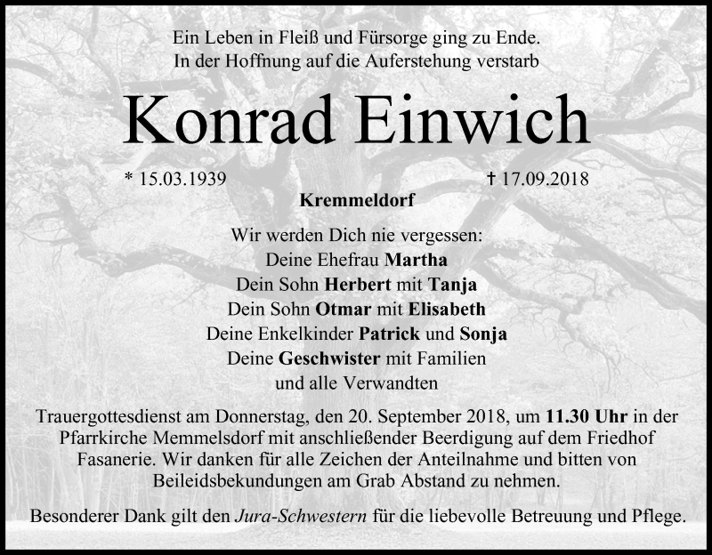  Traueranzeige für Konrad Einwich vom 18.09.2018 aus MGO