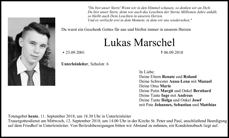  Traueranzeige für Lukas Marschel vom 11.09.2018 aus MGO