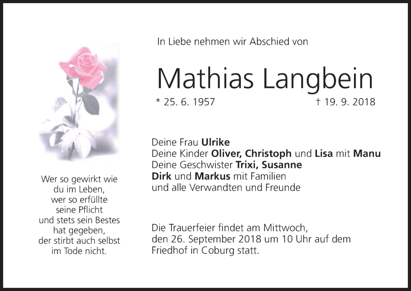  Traueranzeige für Mathias Langbein vom 22.09.2018 aus MGO