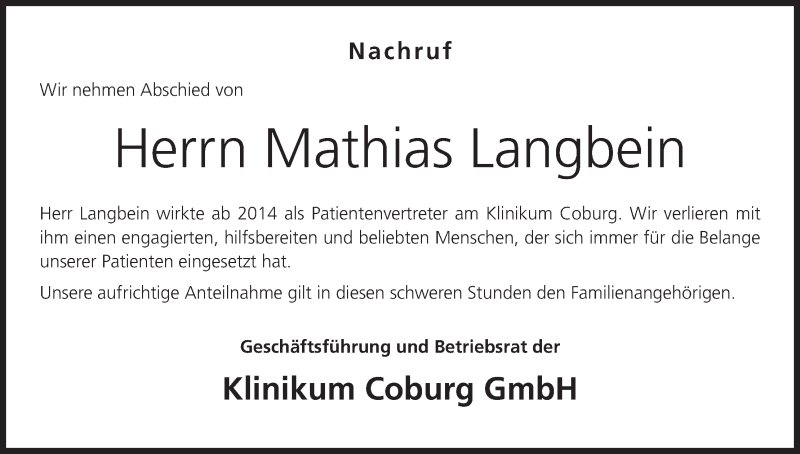  Traueranzeige für Mathias Langbein vom 26.09.2018 aus MGO