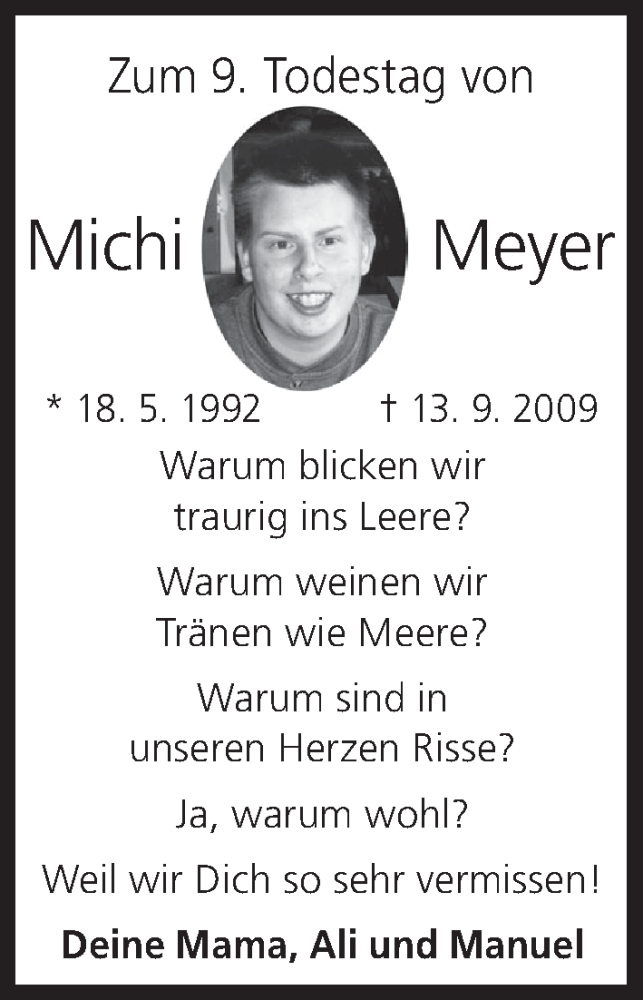  Traueranzeige für Michi Meyer vom 13.09.2018 aus MGO